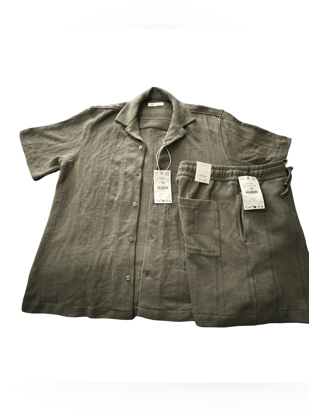 Zara Textured Knit Camp Shirt & Shorts Set Large Olive New